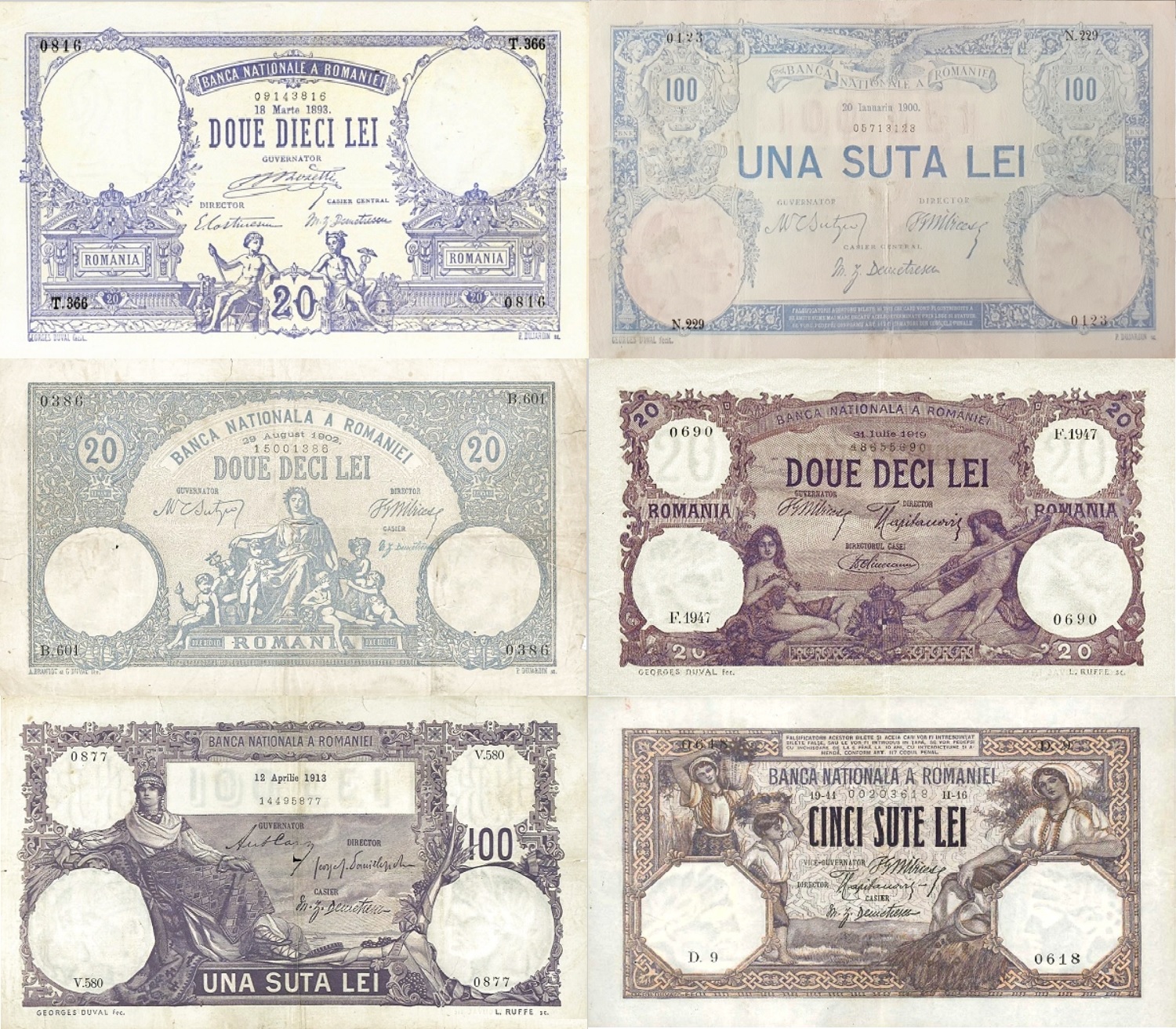 Colaj cu bancnote românești regale de valori mici și medii, emise la sfârșitul secolului XIX și începutul secolului XX