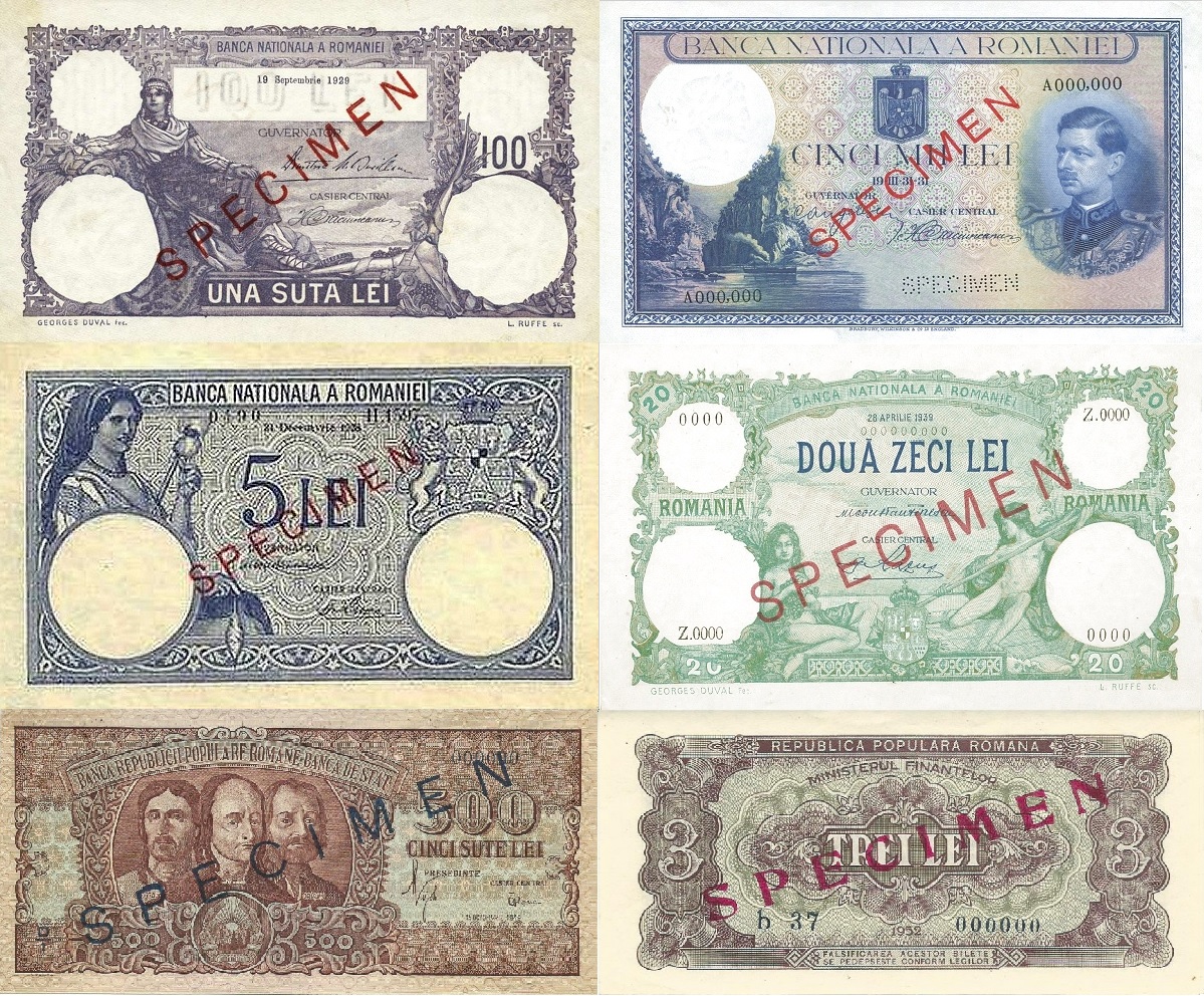 Bancnote românești specimen din prima jumătate a secolului XX, cu supratipar SPECIMEN