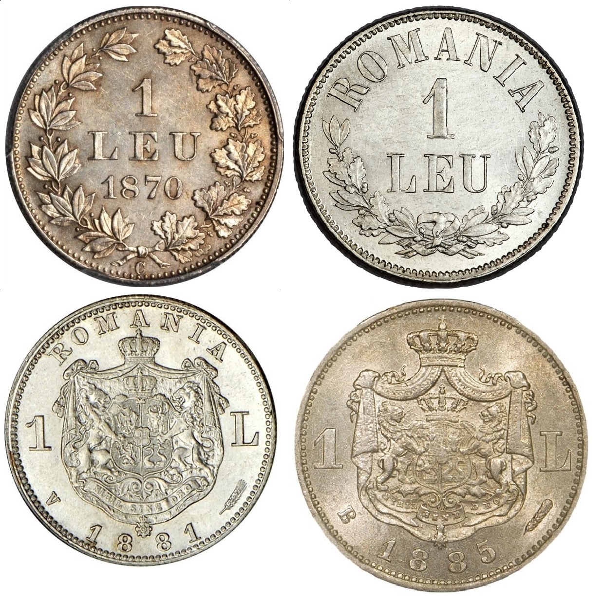Monede românești din argint de 1 leu din anii 1870, 1876, 1881 și 1885, cu cununi de lauri