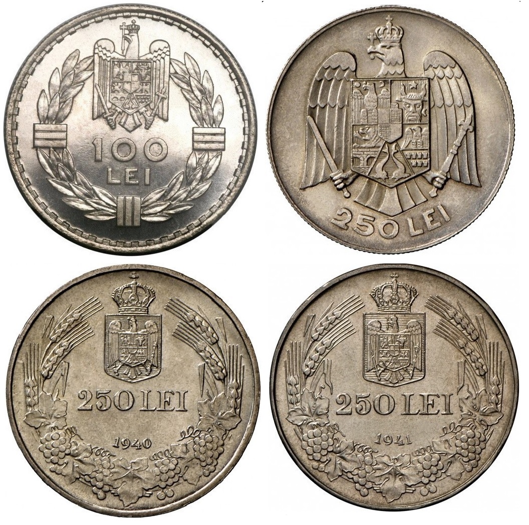 Monede românești din argint de 100 lei și 250 lei din perioada interbelică și anii 1940