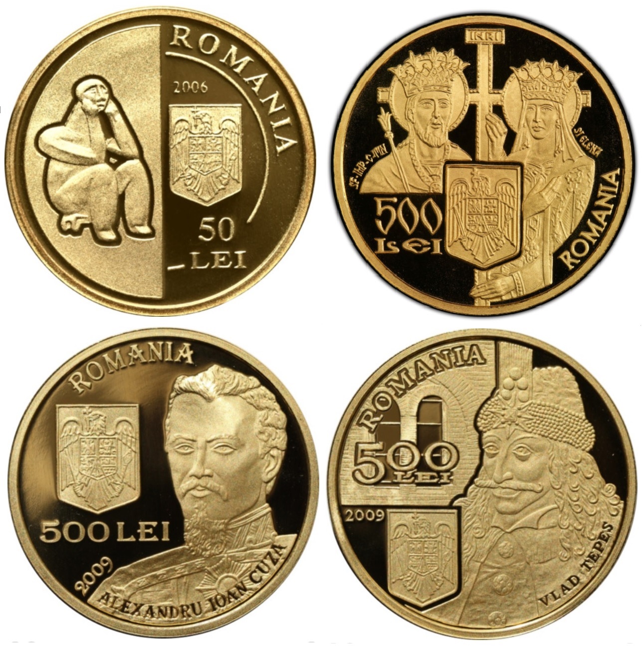 Monede comemorative din aur de 50 și 500 lei dedicate artei și domnitorilor români din seria emisiunilor 2006–2009