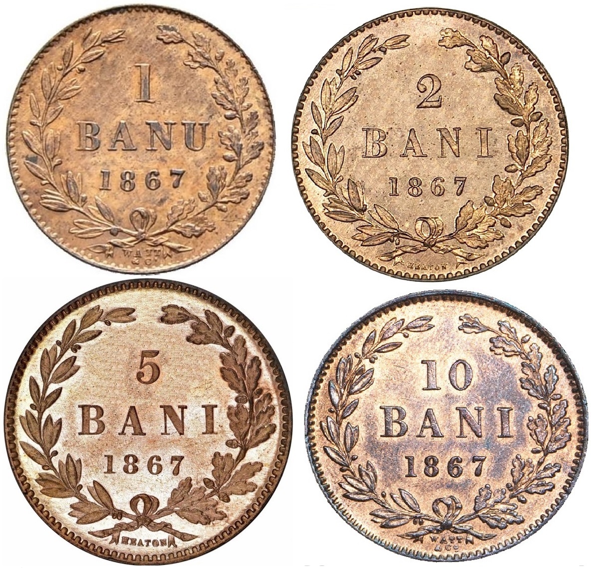 Primele monede românești din cupru de 1 banu, 2 bani, 5 bani și 10 bani, emisiunea 1867