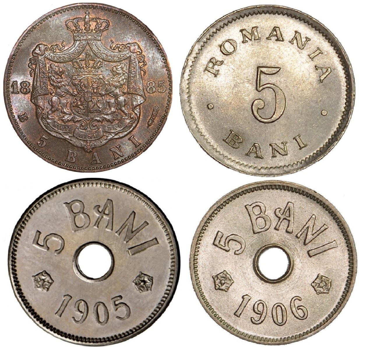 Monede românești de 5 bani din 1885 și 1906, inclusiv variantele perforate din 1905 și 1906
