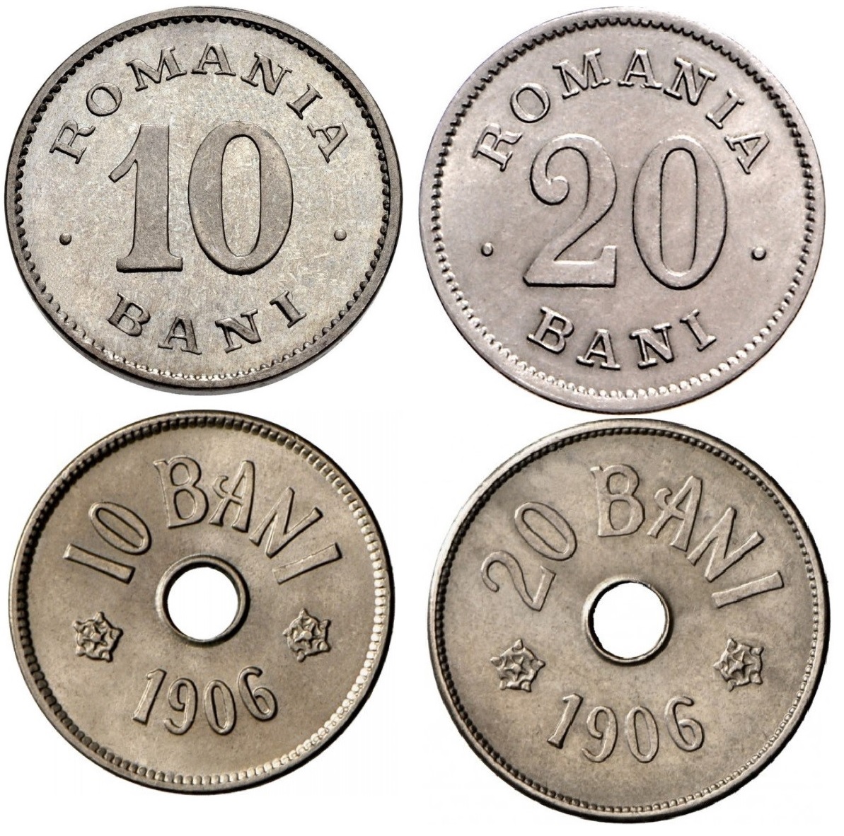 Monede românești de 10 și 20 bani, tipuri pline și perforate, emisiuni de început de secol XX
