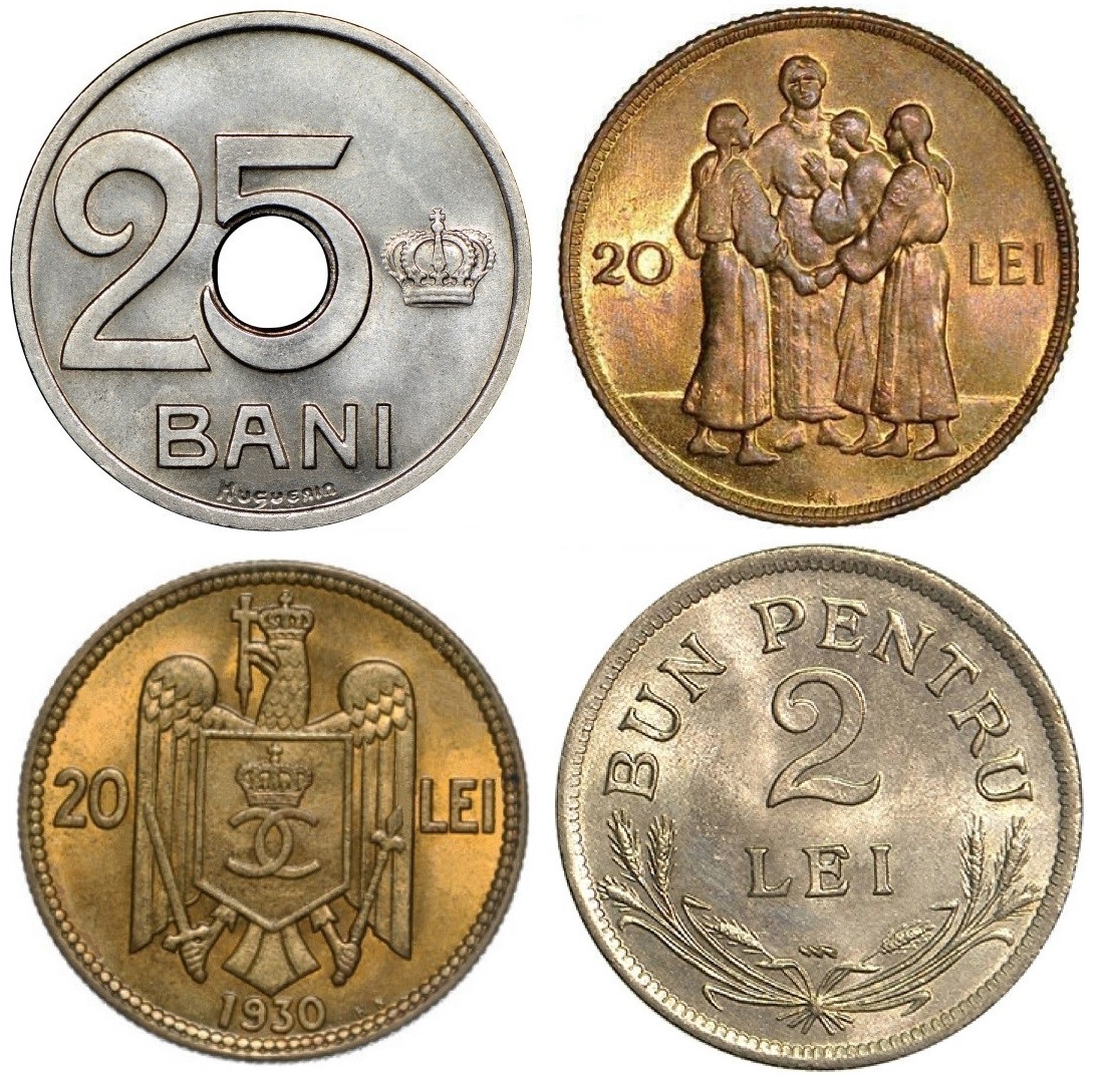Monedă de 25 bani perforată și monede de 20 lei și 2 lei din perioada interbelică